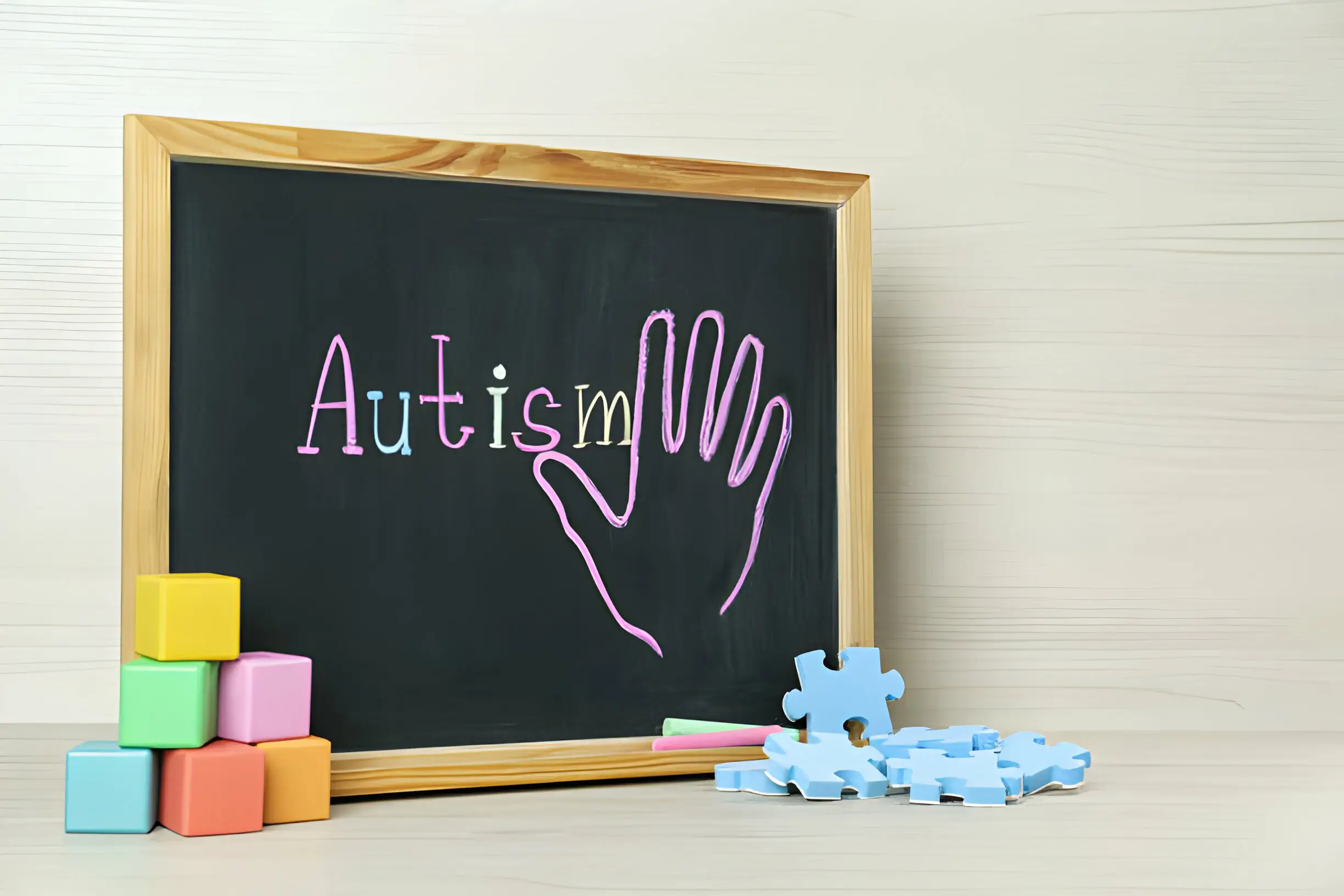 A chalkboard with the word "autism" written on it, accompanied by a handprint illustration, stands next to colorful building blocks and scattered puzzle pieces, representing awareness and support for autism.